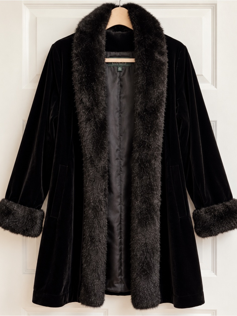 Fabulous Furs Black Velvet Pea Coat with Faux Fur Trim
